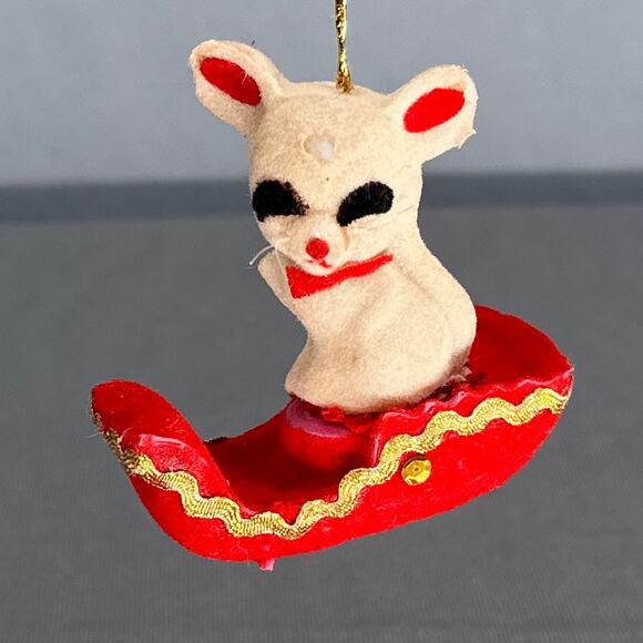 10 VTG 1950s Flocked Felt Christmas Ornaments Mice Cat Snowmen Santa MCM Kitschy - Picture 9 of 16